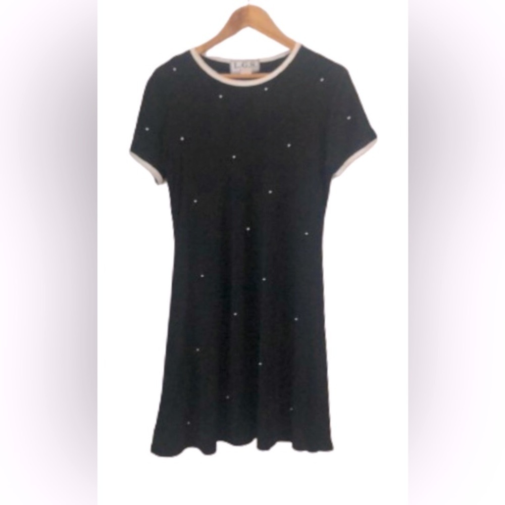 L.G.S. VNTG silk knt blk w crm trm drss & prl detail SZ 16 PLS RD MEASUR…